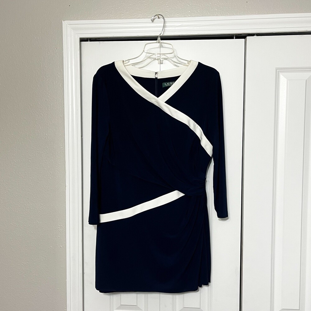 Lauren Ralph Lauren Tunic Top Womens 12 Colorblock Draped V Neck Mini Dress